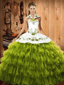 Chic Ball Gowns Sweet 16 Dress Olive Green Halter Top Organza Sleeveless Floor Length Lace Up