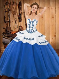 Blue Strapless Lace Up Embroidery Sweet 16 Quinceanera Dress Sleeveless
