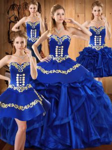 Unique Royal Blue Organza Lace Up Vestidos de Quinceanera Sleeveless Floor Length Embroidery and Ruffles