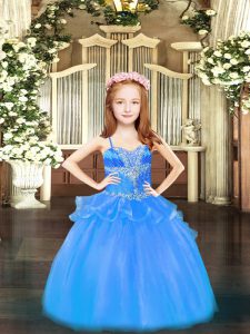 Top Selling Spaghetti Straps Sleeveless Lace Up Kids Formal Wear Baby Blue Organza