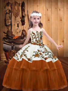 Straps Sleeveless Pageant Gowns For Girls Floor Length Embroidery Rust Red Organza