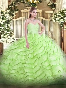 Sleeveless Beading and Ruffled Layers Lace Up Quinceanera Gown with Yellow Green Brush Train