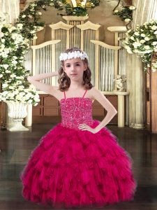 Graceful Fuchsia Lace Up Spaghetti Straps Beading and Ruffles Little Girl Pageant Gowns Organza Sleeveless