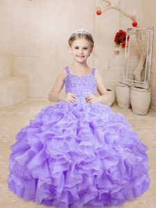 Lavender Ball Gowns Straps Sleeveless Organza Floor Length Lace Up Beading and Ruffles Kids Pageant Dress