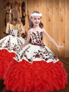 Exquisite Red Ball Gowns Straps Sleeveless Organza Floor Length Lace Up Embroidery and Ruffles Pageant Gowns For Girls