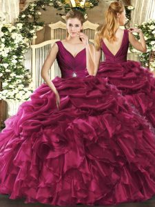 Burgundy V-neck Backless Beading and Ruffles Quinceanera Gowns Sleeveless