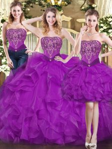 Purple Lace Up Sweet 16 Dress Beading and Ruffles Sleeveless Floor Length