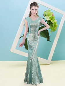 Luxury Teal Cap Sleeves Floor Length Sequins Zipper Prom Evening Gown