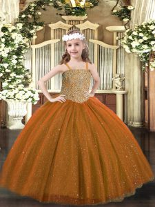 Nice Brown Lace Up Straps Beading Kids Formal Wear Tulle Sleeveless