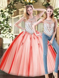 Hot Sale Red Two Pieces Beading 15 Quinceanera Dress Zipper Tulle Sleeveless Floor Length