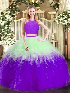 Sleeveless Tulle Floor Length Zipper 15 Quinceanera Dress in Multi-color with Ruffles