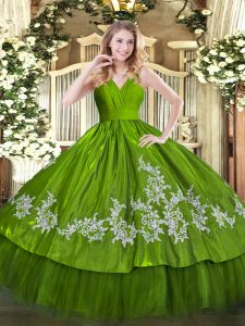 Olive Green Ball Gowns Satin and Tulle V-neck Sleeveless Embroidery Floor Length Zipper Sweet 16 Dress