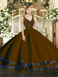 Beauteous Brown Backless V-neck Beading and Lace and Ruffled Layers 15 Quinceanera Dress Organza Sleeveless