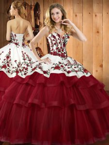 Captivating Wine Red Ball Gowns Sweetheart Sleeveless Organza Sweep Train Lace Up Embroidery Sweet 16 Dress