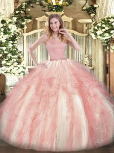 Fashionable Floor Length Pink Quinceanera Gowns Straps Sleeveless Zipper