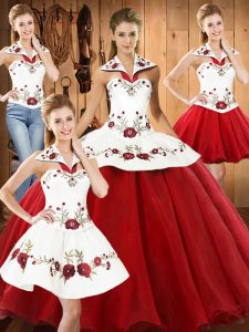 Dynamic Floor Length Lace Up Quinceanera Gown White And Red for Military Ball and Sweet 16 and Quinceanera with Embroide