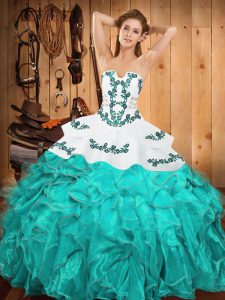 Aqua Blue Ball Gowns Strapless Sleeveless Satin and Organza Floor Length Lace Up Embroidery and Ruffles Quinceanera Dres