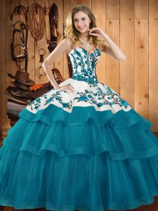 Exceptional Teal Ball Gowns Organza Sweetheart Sleeveless Embroidery Lace Up Vestidos de Quinceanera Sweep Train