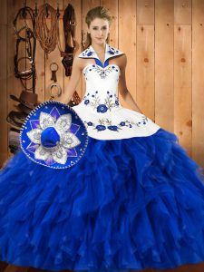 Blue And White Lace Up Quinceanera Dress Embroidery and Ruffles Sleeveless Floor Length
