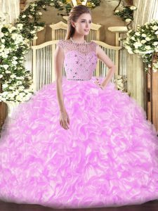 Lilac Tulle Zipper Quinceanera Dresses Sleeveless Floor Length Beading and Ruffles