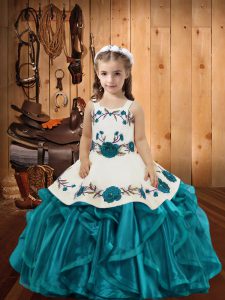High End Teal Sleeveless Floor Length Embroidery and Ruffles Lace Up Pageant Dresses