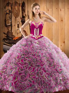Latest Sweetheart Sleeveless Sweep Train Lace Up 15 Quinceanera Dress Multi-color Satin and Fabric With Rolling Flowers