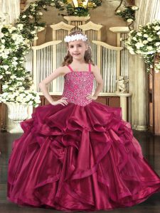 Fuchsia Ball Gowns Straps Sleeveless Organza Floor Length Lace Up Beading and Ruffles Pageant Dress Wholesale