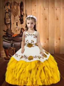 Gold Sleeveless Embroidery and Ruffles Floor Length Little Girls Pageant Dress Wholesale