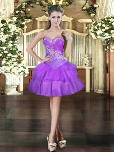 Customized Mini Length Purple Evening Dress Organza Sleeveless Beading and Ruffled Layers