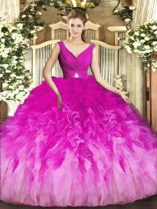 V-neck Sleeveless Backless Ball Gown Prom Dress Fuchsia Tulle