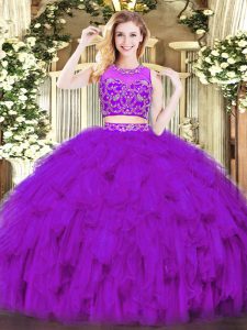 New Style Scoop Sleeveless Zipper Quince Ball Gowns Purple Tulle