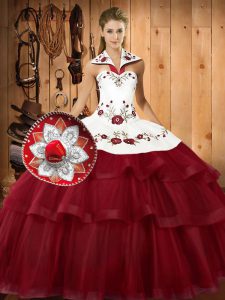 Comfortable Wine Red Sleeveless Sweep Train Embroidery and Ruffled Layers With Train Vestidos de Quinceanera