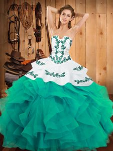 Turquoise Ball Gown Prom Dress Military Ball and Sweet 16 and Quinceanera with Embroidery and Ruffles Strapless Sleevele