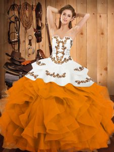Modest Embroidery and Ruffles Ball Gown Prom Dress Gold Lace Up Sleeveless Floor Length