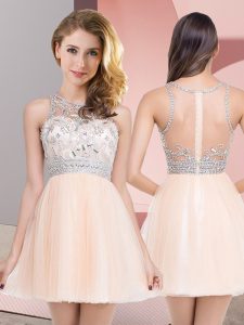 Traditional Peach Empire Scoop Sleeveless Tulle Mini Length Zipper Beading Dress for Prom