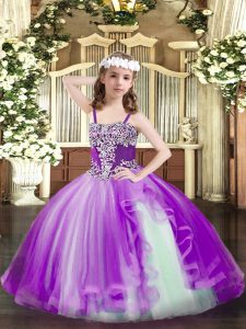 Purple Lace Up Straps Appliques Girls Pageant Dresses Tulle Sleeveless