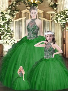 Green Lace Up Halter Top Beading and Ruffles Sweet 16 Dresses Tulle Sleeveless