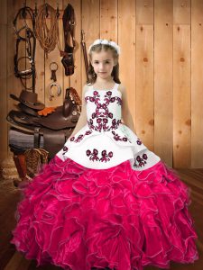Sleeveless Organza Floor Length Lace Up Child Pageant Dress in Hot Pink with Embroidery and Ruffles