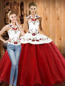 Flare White And Red Lace Up Quince Ball Gowns Embroidery Sleeveless Floor Length