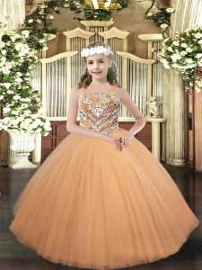 Dramatic Sleeveless Tulle Floor Length Lace Up Child Pageant Dress in Peach with Beading