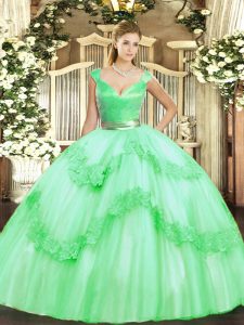 Dynamic Tulle Sleeveless Floor Length Quinceanera Gown and Beading and Appliques