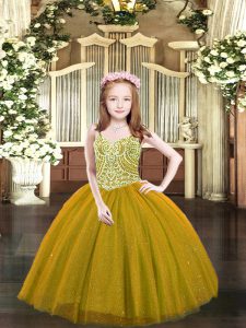 Amazing Brown Ball Gowns Beading Girls Pageant Dresses Lace Up Tulle Sleeveless Floor Length