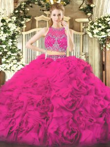 Beauteous Fuchsia Sweet 16 Dress Military Ball and Sweet 16 and Quinceanera and Beach with Beading Scoop Sleeveless Zipp