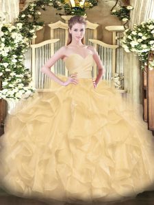 High Quality Beading and Ruffles 15 Quinceanera Dress Gold Lace Up Sleeveless Floor Length
