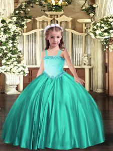 Turquoise Sleeveless Appliques Floor Length Little Girls Pageant Gowns