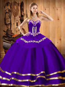 Purple Lace Up Sweetheart Embroidery Quince Ball Gowns Organza Sleeveless