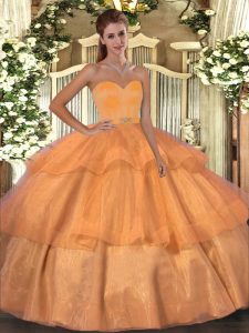 Floor Length Orange Sweet 16 Dresses Organza Sleeveless Beading and Ruffled Layers