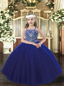 Elegant Floor Length Royal Blue Little Girls Pageant Dress Tulle Sleeveless Beading