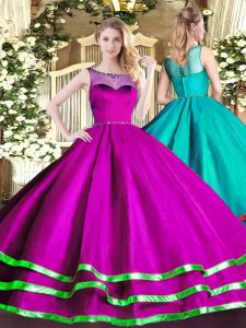 Organza Scoop Sleeveless Lace Up Beading and Ruffled Layers Vestidos de Quinceanera in Fuchsia