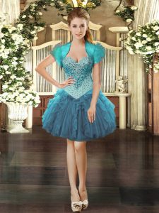Best Selling Sweetheart Sleeveless Prom Party Dress Mini Length Beading and Ruffles Teal Organza